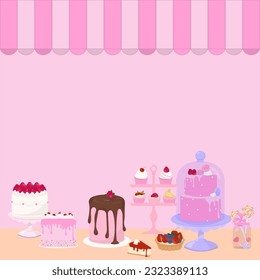 Cake shop concept. Cake, cupcakes, fruit tart, and candy in the store on pink background with copy space.