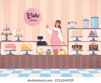 Cake shop concept. Woman stands near showcase with sweets and bakery products. Poster or banner for website. Small business owner or salesperson. Cupcake and muffins. Cartoon flat vector illustration