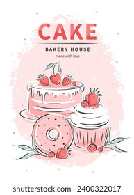 Cake shop. Сake, cupcake and berries. Vector illustration on white background for menu, recipe book, baking shop.