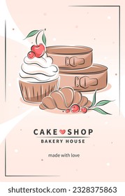 Cake shop. Desserts, pastry dishes, сroissant and baking tools. Vector illustration for menu, recipe book, baking shop, cafe.