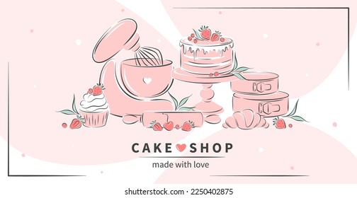 Cake shop. Kitchen tools, different desserts, pastry dishes, ingredients for baking items. Cutlery, mixer, cake, croissant and berry. Vector illustration