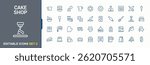 Cake Shop linear icon collection. It contains symbols to sweet, cafe, kitchen, food, pastry, cook and more. Bakery icon set. Minimalist editable vector stroke. Vector artwork and illustration.