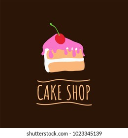 Cake shop logo. Baking and bakery house emblem. Dessert and pastry cafe label. Flat vector illustration of piece of cake decorated with cherry.