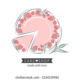 Logo de la tienda de pasteles. С tarta y bayas. Ilustración vectorial sobre fondo blanco para menú, libro de recetas, taller de horneado.