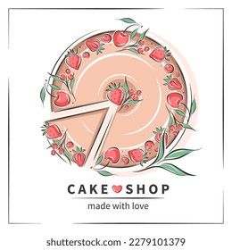 Cake shop logo. Сake and berries. Vector illustration on white background for menu, recipe book, baking shop.