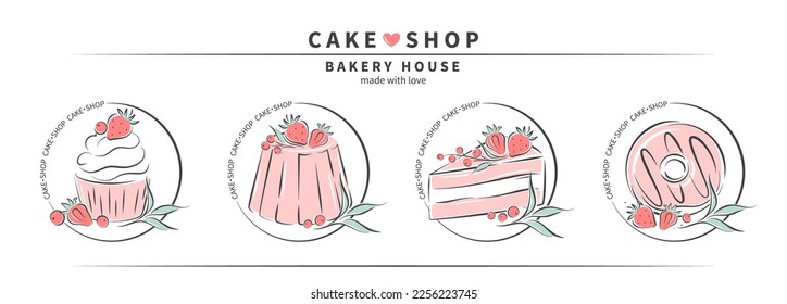 Cake shop logo. Collection of different dessert for pastry and bread shop, cooking, sweet products. Set of cakes, cupcakes and donuts. Vector illustration for banner, menu, advertising.