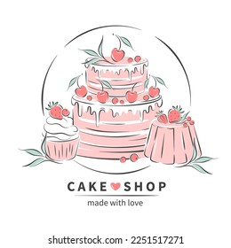 Cake shop. Logo for confectionery or bakery. Сake, cupcake and berries. Vector illustration for menu, recipe book, baking shop, cafe.