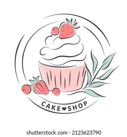 Logo de la tienda de pasteles. Pastel y bayas. Ilustración vectorial para menú, libro de recetas, panadería, cafetería, restaurante.