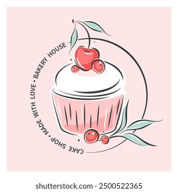 Cake shop logo. Сake or cupcake and berries. Vector illustration for menu, recipe book, baking shop.