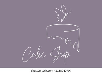 Cake shop logo, one line cake, butterfly vector illustration