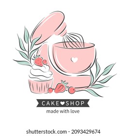 Cake shop logo. Planetary stationary dough mixer, cupcake and berries. Vector illustration on white background 