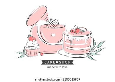 Cake shop logo. Planetary stationary dough mixer, cake, cupcake and berries. Vector illustration on white background for menu, recipe book, baking shop.