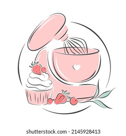 Cake shop logo. Planetary stationary dough mixer, cupcake and berries. Vector illustration on white background 