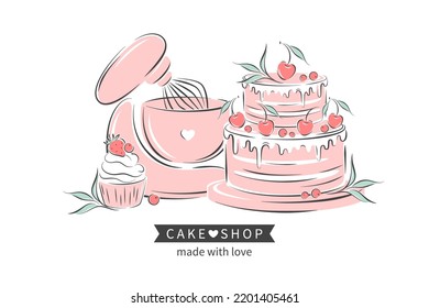 Logo de la tienda de pasteles. Mezclador de masa estacionaria planetaria, tarta, bizcocho y bayas. Ilustración vectorial sobre fondo blanco para menú, libro de recetas, taller de horneado.