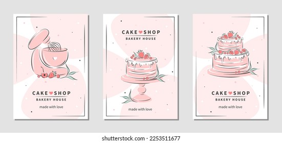 Cake shop logo. Set of design sample for pastry and bread shop, cooking, dessert, sweet products. Vector illustration for poster A4, banner, menu, advertising.