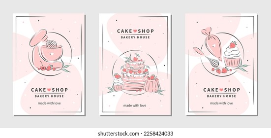 Cake shop logo. Set of design sample for pastry and bread shop, cooking, dessert, sweet products. Vector illustration for poster A4, banner, menu, advertising.
