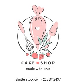 Cake shop logo. Set of tools for making cakes, cookies and pastries. Vector illustration for menu, recipe book, baking shop, cafe.
