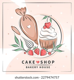 Logo de la tienda de pasteles. Conjunto de herramientas para hacer pasteles, galletas y pasteles. Ilustración vectorial para menú, libro de recetas, panadería, café.
