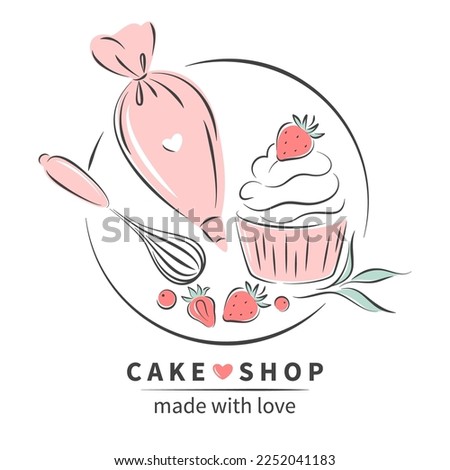 Cake shop logo. Set of tools for making cakes, cookies and pastries. Vector illustration for menu, recipe book, baking shop, cafe.
