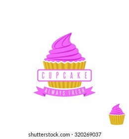 Cake shop logo, sweet cupcake with pink cream and ribbon, retro dessert emblem template design element. Mockup birthday or wedding invitation, picture post card