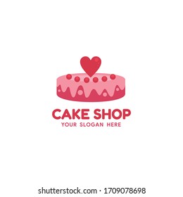 Cake Shop Logo Template for your business, shop, restaurant, cafe, and many more. In single cake with cheery and heart decoration concept design.