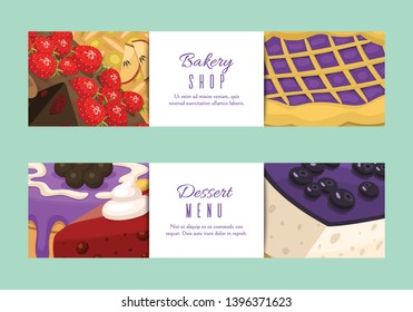 Cake shop menu banners or cards vector illustration. Chocolate and fruity desserts for cake shop with cupcakes, cakes, pudding, berry biscuits, whipped cream, beries glaze and sprinkles.
