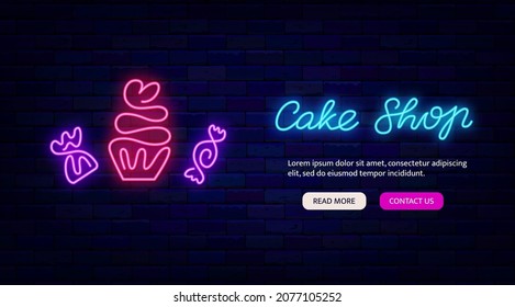 Cake shop neon online landing page. Sweet bar. One line drawing. Website template and mobile apps. Night bright flyer. Outer glowing effect. Editable stroke. Isolated vector stock illustration