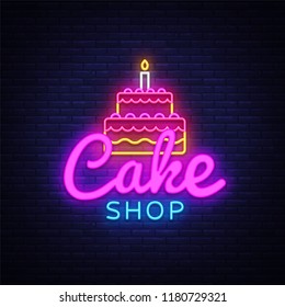 Cake Shop neon sign vector. Sweets Shop Design template neon sign, light banner, neon signboard, nightly bright advertising, light inscription. Vector illustration