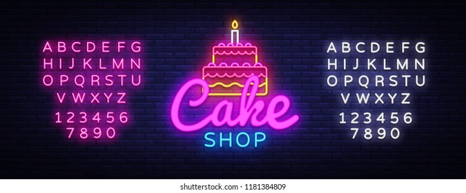 Cake Shop neon sign vector. Sweets Shop Design template neon sign, light banner, neon signboard, nightly bright advertising, light inscription. Vector illustration. Editing text neon sign