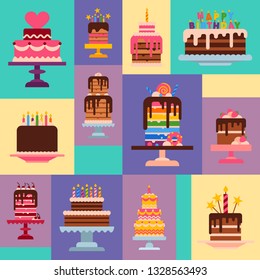 Cake shop pattern vector illustration. Chocolate and fruity desserts for sweet cake shop with cupcakes, cakes, pudding, biscuits, whipped cream, glaze and sprinkles, candles.