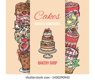 Cake shop poster vector illustration. Cakes natural ingredients. Premium quality. Chocolate and fruity desserts for cakeshop with poundcakes, pudding, biscuits, whipped cream.