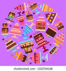 Cake shop round round pattern vector illustration. Chocolate and fruity desserts for sweet cake shop with cupcakes, cakes, pudding, biscuits, whipped cream, glaze and sprinkles, candles.