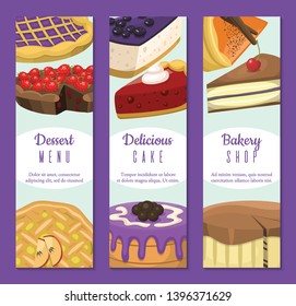Cake shop set of banners or cards vector illustration. Chocolate and fruity desserts for cake shop with cupcakes, cakes, pudding, berry biscuits, whipped cream, beries glaze and sprinkles.
