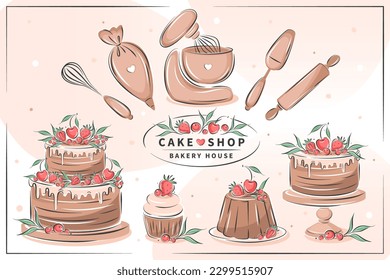 Cake shop. Set tools for cooking, baking items  dessert and pastry dishes: whisk, cutlery, spatulas, mixer. Different cakes. Vector illustration