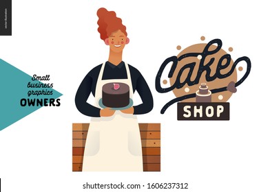 Cake shop -small business owners graphics -owner with a chocolate cake. Modern flat vector concept illustrations - young woman wearing white apron, standing at the wooden counter. Shop logo