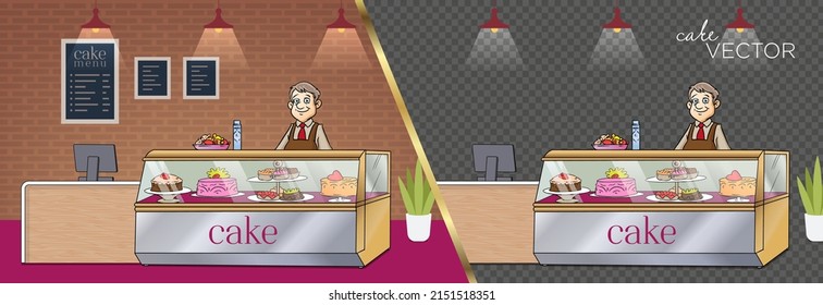 Cake shop cake shop uncle in the cupboard colorful cakes menu cash register lights cartoon vector