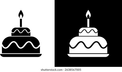 Cake silhouette. Black and white first year and happy birthday icons for flyers, websites, apps and so on.