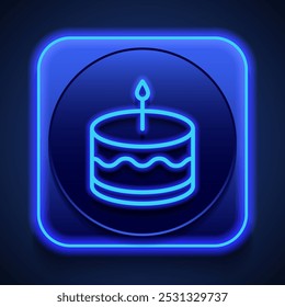 Cake simple icon vector. Flat design. Blue neon style on button. With shadow.ai
