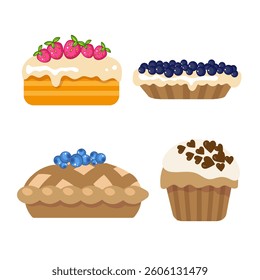 Cake simple set. Cute delicious clip art. Food illustration