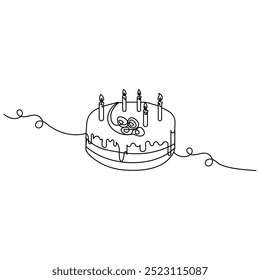 Bolo arte de linha única, desenho contínuo de uma linha de ícone vetor contorno isolado 