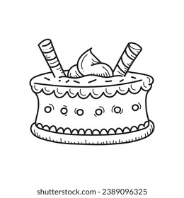 Cake sketch. hand drawn Cake outline illustration. Cake black and white vector drawing. Cake isolated on white background. vector illustration. wedding or birthday cakes line art drawing.