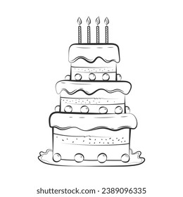 Cake sketch. hand drawn Cake outline illustration. Cake black and white vector drawing. Cake isolated on white background. vector illustration. wedding or birthday cakes line art drawing.