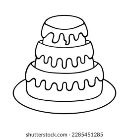 Kuchen. Skizze. Drei gestufte Dessert auf einem Platter. Vektorgrafik. Der festliche Genuss ist mit fließenden Eis bedeckt. Doodle-Stil. Umriss auf isoliertem Hintergrund. 
