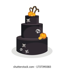 Cake with skull and pumpkins. Set of hand drawn vector halloween elements. Flat sweet illustration.