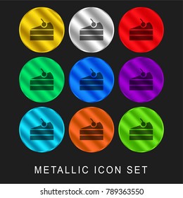 Cake slice 9 color metallic chromium icon or logo set including gold and silver