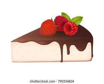 Cake slice with berries and chocolate isolated on white background. Vector illustration.