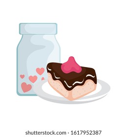 cake slice and bottle with hearts vector illustration design