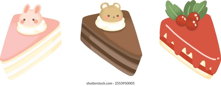 cake slice with bunny on top, pink cake with bunny on top and chocolate cake with a teddy bear on top and red cake with cherry on top