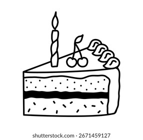 Cake slice with candle and cherries hand drawn line art black and white vector illustration simple contour style perfect for birthday greeting card coloring book poster design