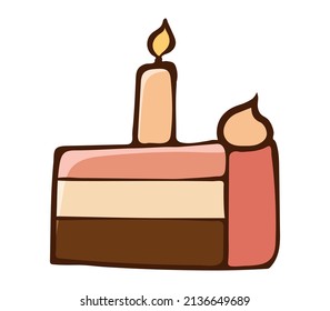 Cake slice with candle icon colored hand drawn doodle vector illustration. Isolated on white background. Element for menu, holiday card, label, book, greeting card, print, sticker, web.